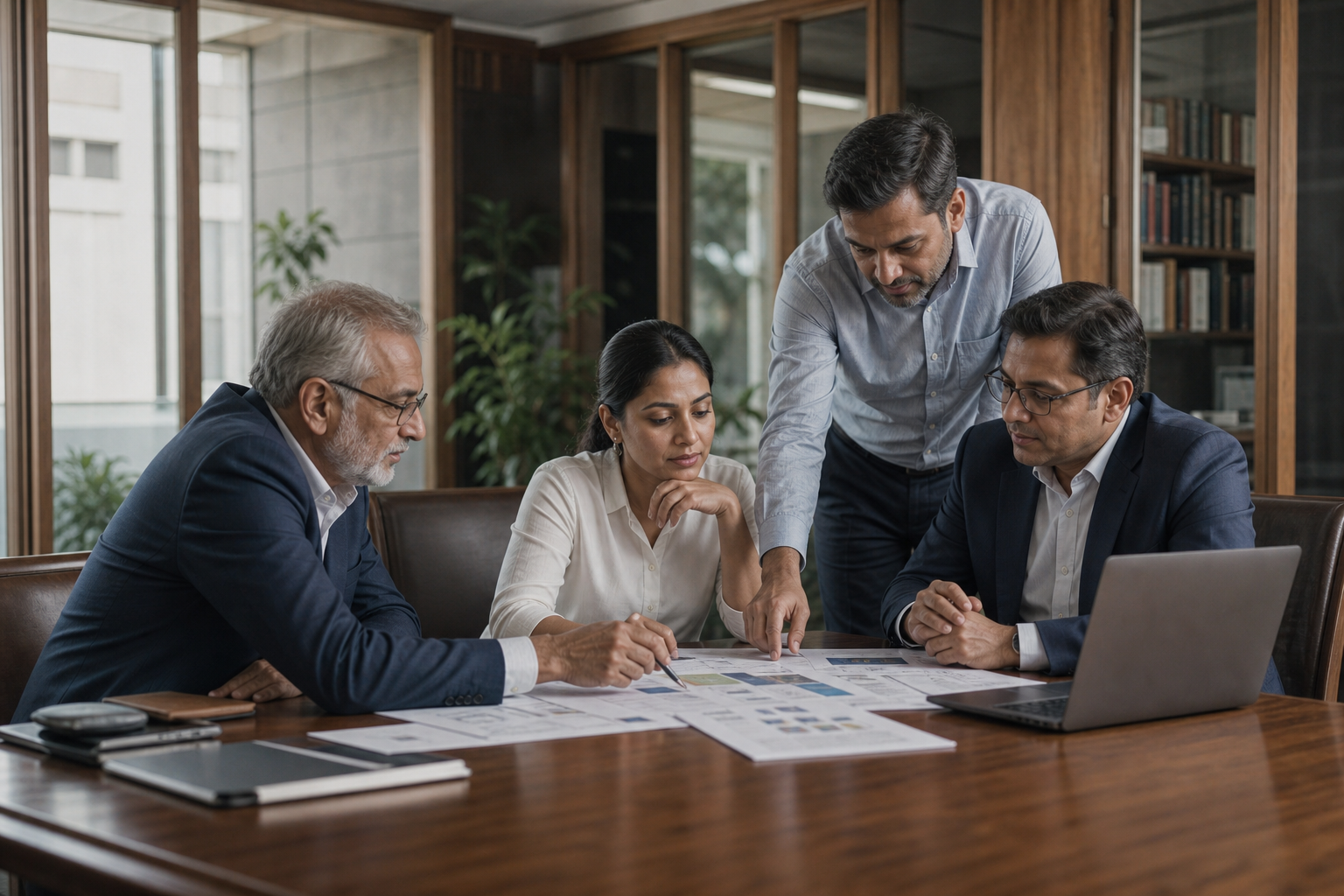 Team reviewing a structured work process in a professional office